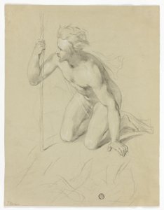 Nackter Mann kniend, einen Stab haltend (recto); Alpenpanorama (verso)
