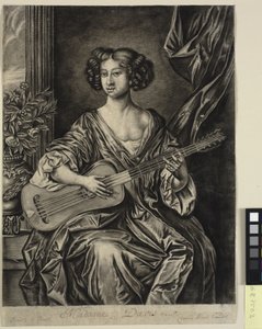 Dame spielt Gitarre, "Madame Davis"; nach Sir Peter Lelys gemaltem Porträt von Mary Davies in der Sammlung des Earl of Bradford, ca. 1674
