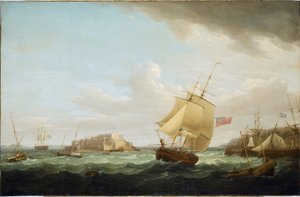 Ein Handelsschiff und andere Schiffe vor Cornet Castle in Guernsey, England. Öl auf Leinwand, ca. 1796, von Thomas Whitcombe von Thomas Whitcombe