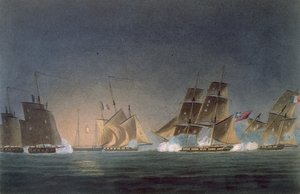 HMS Rinaldo im Gefecht mit vier französischen Freibeutern, graviert von J. Bailey für 