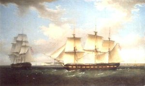 Der Indiaman in zwei Positionen vor Walmer Castle, Kent von Thomas Whitcombe