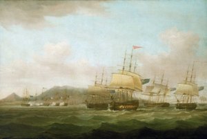 Die Eroberung von Saint Paul, nahe der Insel Bourbon (heute Réunion) durch die britische Flotte, 21. September von Thomas Whitcombe