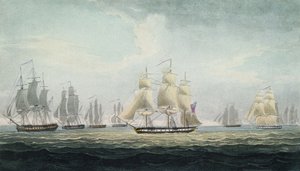 Das Marine-Manöver von Sir Graham Moore, Kommandant des Geschwaders von vier Fregatten der britischen Royal Navy, das am 5. Oktober vor Cádiz, Spanien, eine spanische Schatzflotte eroberte von Thomas Whitcombe