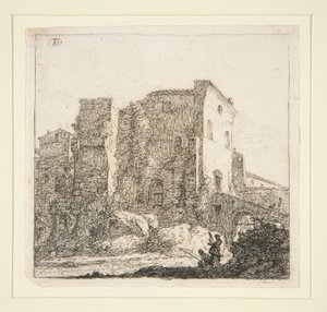 Landschaft mit Ruinen und einem Fischer