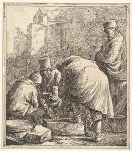 Mann, der sein Schuhwerk anpasst, links drei Männer beim Kartenspielen, 1630-77 von Thomas Wijck