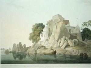Südwestansicht des Fakeers Rock im Fluss Ganges bei Sultaungunge, Tafel 61 aus 