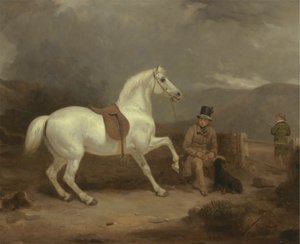 Graues Schusspferd, wahrscheinlich im Besitz von Johnston King, mit einem Stallburschen von Thomas Woodward