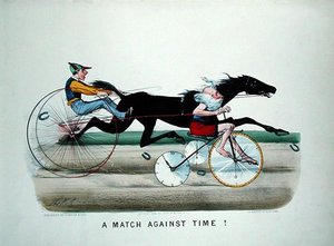 Ein Wettlauf gegen die Zeit, Rennen zwischen einem Pferd und Vater Zeit auf einem Fahrrad von Thomas Worth