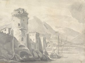 Befestigte Gebäude, die steil von einem Flussufer aufsteigen (in Italien?) mit Boot in der Mitte und entfernten Bergen