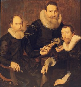 Gruppenporträt von drei Herren, dreiviertel Länge, sitzend in schwarzen Kostümen mit Spitzenkragen, 1635 von Thomas de Keyser