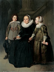 Porträt einer Dame, Ganzfigur, sitzend, in einem schwarzen Kleid mit weißem Kragen und Haube, hält ein Taschentuch, mit ihrem Sohn in einem grauen Wams und ihrer Tochter in einem grünen Kleid, 1635
