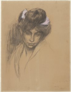 Dunkler Mädchenkopf, nach vorne blickend, mit einem lila Band im Haar von Théophile Alexandre Steinlen