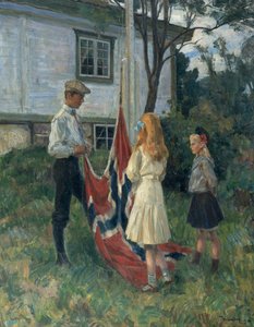 Kinder hissen die norwegische Flagge von Thorolf Holmboe