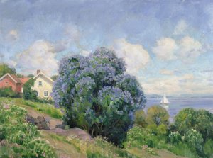 Sommerlandschaft mit Fliederbusch, Haus und Segelboot von Thorolf Holmboe