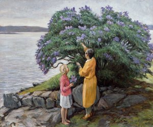 Frau und Kind am Fliederbusch von Thorvald Torgersen