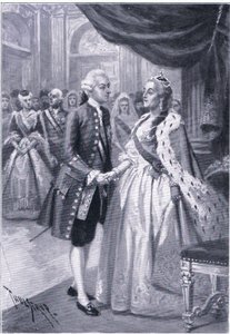 Treffen von Katharina II. von Russland und Joseph II. von Österreich, Illustration aus Landmarks in European History, veröffentlicht von Gresham Publishing Co, ca. 1920