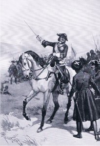 Peter der Große in der Schlacht von Poltawa, Illustration aus Landmarks in European History, veröffentlicht von Gresham Publishing Co, ca. 1920 (Lithografie)