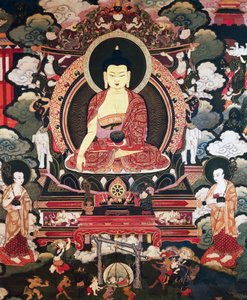 Buddha, sitzend zwischen seinen beiden großen Schülern Cariputra und Maudgalyayana, Szenen aus dem Leben von Buddha Sakyamuni, tibetische Zivilisation von Tibetan School