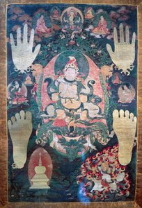 Gnya-Khri btsan-Po, legendärer erster König von Tibet, Reinkarnation des Bodhisattva Avalokitesvara, einer der weltlichen und spirituellen Führer Tibets, Gemälde auf Leinwand, tibetische Zivilisation von Tibetan School