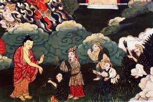 Angebot von Grasbündeln, Szenen aus dem Leben von Buddha Shakyamuni von Tibetan School