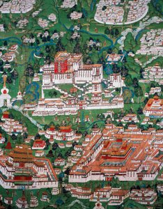 Die Stadt Lhasa und der Potala, kolorierte Gravur von Tibetan School