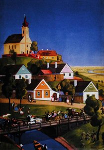 Das typische ungarische Dorf, Illustration aus einem Touristenprospekt, ca. 1930-40 von Tibor Polya