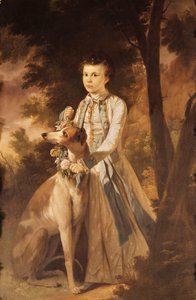 Porträt von John Graham, als Junge, ganzfigur, in indischer Kleidung, hält einen Blumenkranz um den Hals eines Windhunds an seiner Seite, in einer Landschaft von Tilly Kettle