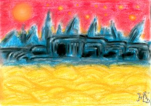 Außerirdische Stadt bei Sonnenuntergang