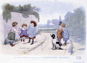 Kinderspiele: Mädchen spielen Seilspringen (Zeichnung von Lobrichon, herausgegeben von Phosphatine Falieres, ca. 1920) von Timoleon Marie Lobrichon