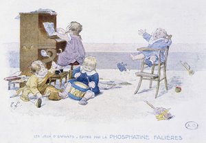 Kinderspiele: Kinder spielen verschiedene Musikinstrumente (Zeichnung von Lobrichon, herausgegeben von Phosphatine Falieres, ca. 1920) von Timoleon Marie Lobrichon