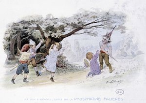 Kinderspiele: Kinder spielen Krieg, Soldaten - Zeichnung von Lobrichon, ed. von Phosphatine Falières, ca. 1920
