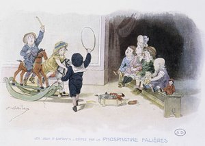 Kinderspiele: Kinder mit verschiedenen Spielzeugen (Reifen, Schaukelpferd, Puppen...) - Zeichnung von Lobrichon, Ed. von Phosphatine Falieres, ca. 1920 von Timoleon Marie Lobrichon