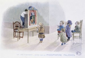 Kinderspiele: Puppen (Guignol?) - Zeichnung von Lobrichon, ed. von Phosphatine Falieres, ca. 1920