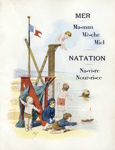 Buchstaben M und N darstellend Kinder am Strand, späte 19. Jahrhundert