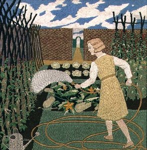 Eine Frau gießt den Garten von Tirzah Ravilious