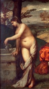 Das Konzert im Freien. Musiker auf dem Gras, Frauen sind nackt. Detail einer von ihnen füllt ihren Krug an der Quelle. Gemälde zugeschrieben Tiziano Vecellio dit le Titian (1485-1576) oder Giorgio da Castelfranco dit Giorgione (1476/1478-1510)