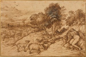 Eine bewaldete Landschaft mit einer nackten Frau, deren Kopf von einem Umhang verdeckt ist von Titian (c.1488 1576)