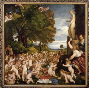 Offrande an Venus. Kleine Amoretten versammeln sich, um der Göttin Aphrodite zu huldigen von Tiziano Vecelli