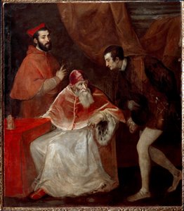 Papst Paul III. und seine Enkel (Alessandro und Ottavio Farnese) von Tiziano Vecelli