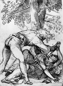 Skizze für den eifersüchtigen Ehemann in der Scuola Del Santo, um 1510, 1937 von Tiziano Vecelli