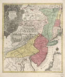 Relief kartografisch dargestellt. Auch Neuengland (verzerrt) und nördliche Chesapeake-Region. Titel in Latein; Anmerkungen in Deutsch und Latein; Legende in Latein, Deutsch und Englisch. Unbekannter Meridian. Provinzen durch farbige Waschungen angezeigt; P von Tobias Conrad Lotter