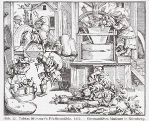 Katholische Priester, die durch eine Mühle gesteckt werden (Holzschnitt) von Tobias Stimmer