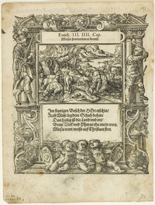 Moses und der brennende Dornbusch (recto) und Der kleine Moses wird in den Fluss gesetzt (verso) aus Neue künstlerische Figuren biblischer Historien, Platte 55 aus Holzschnitten aus Büchern des 16. Jahrhunderts von Tobias Stimmer