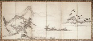 Reisende auf einer Brücke am See, ca. 1700