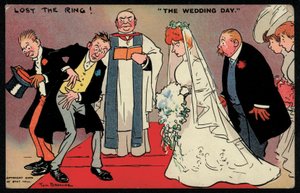 Bräutigam und Trauzeuge können den Ring bei einer Hochzeit nicht finden (Chromolitho) von Tom Browne