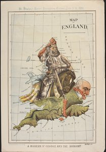 Ein moderner St. Georg und der Drache: Eine politische Karikatur in Form einer Karte von England, die Gladstones parlamentarische Niederlage über die irische Selbstverwaltung satirisch darstellt. St. Stephen