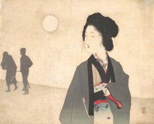 Junge Frau betrachtet Silhouette eines männlichen Gefangenen, der weggeführt wird, frühes 20. Jahrhundert von Tomioka Eisen
