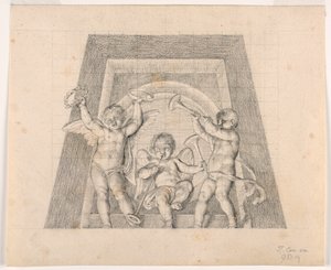 Drei Putti mit Trompeten, Entwurf für Lunette der Sala delle Muse, Museo Pio-Clementino, Vatikan