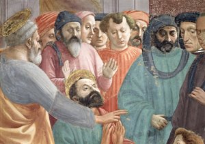 Die Auferweckung des Sohnes des Theophilus, König von Antiochia Detail von SS. Peter und Paul und Gesichtern in der Menge, ca. 1427 Fresko von Tommaso Masaccio