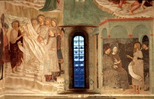 Episode aus dem Leben von Johannes dem Täufer: die Predigt von Johannes dem Täufer in der Wüste und Johannes der Täufer vor Herodes von Tommaso Masolino da Panicale